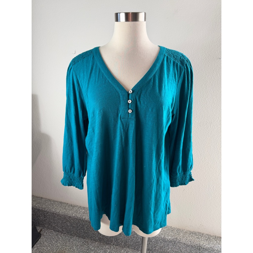 NEW J Jill Womens Medium Oceanside Teal Smocked Henley V Neck 3/4 Sleeve Top